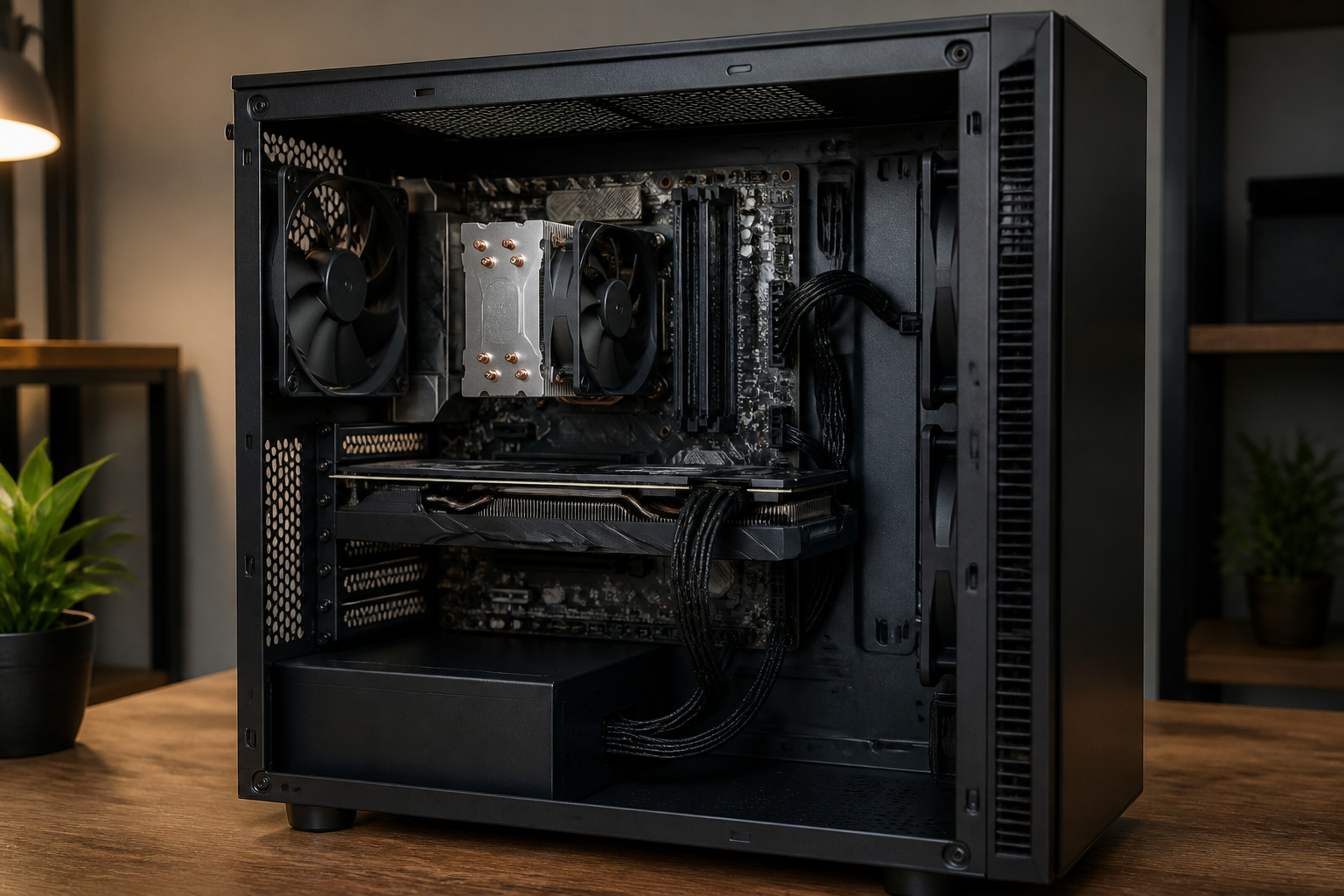 Geöffneter Gaming-PC mit sichtbaren Komponenten vor dem Aufrüsten