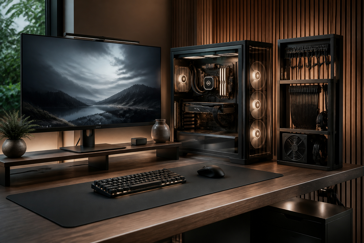 Hochwertiger Gaming-PC mit Monitor und sauberem Kabelmanagement