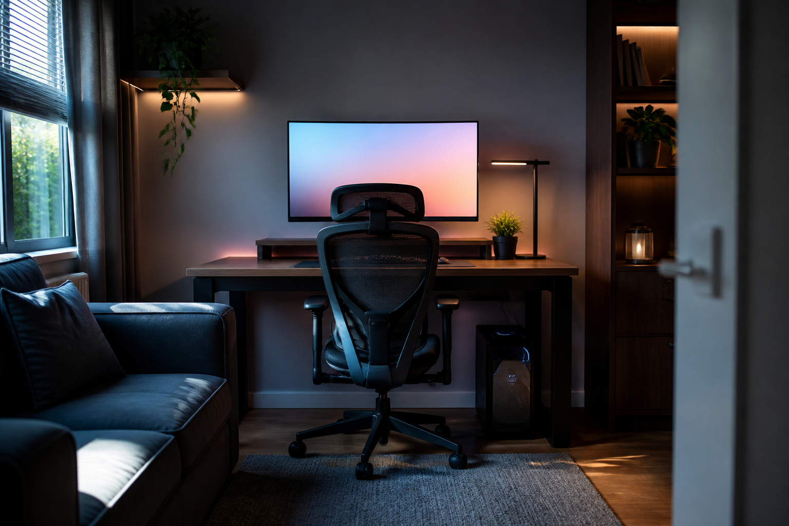 Platzsparender ergonomischer Bürostuhl im kleinen Gaming-Zimmer