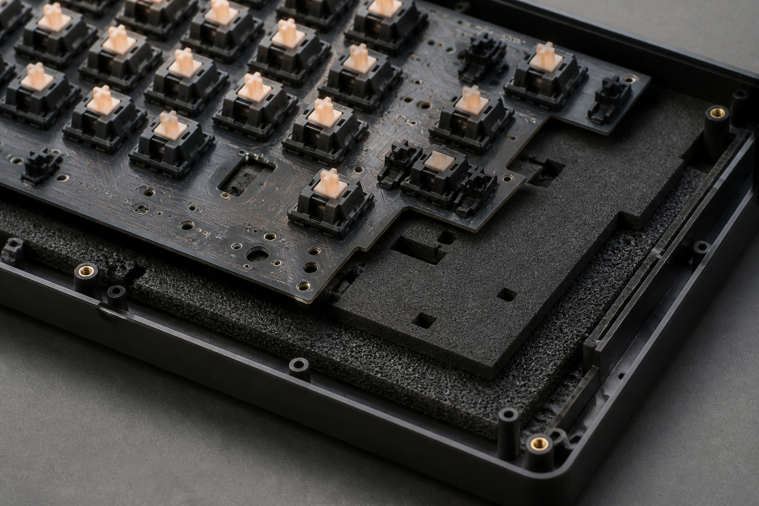 Schaumstoffdämmung und Switches einer mechanischen Tastatur