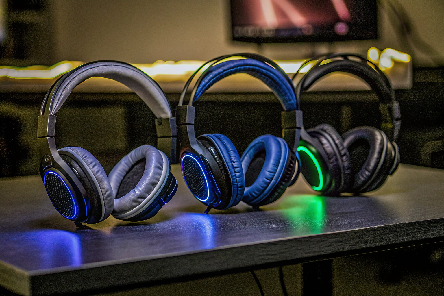 Verschiedene Gaming-Headsets auf einem Tisch zur Auswahl bereit. Gaming-Headsets Auswahl