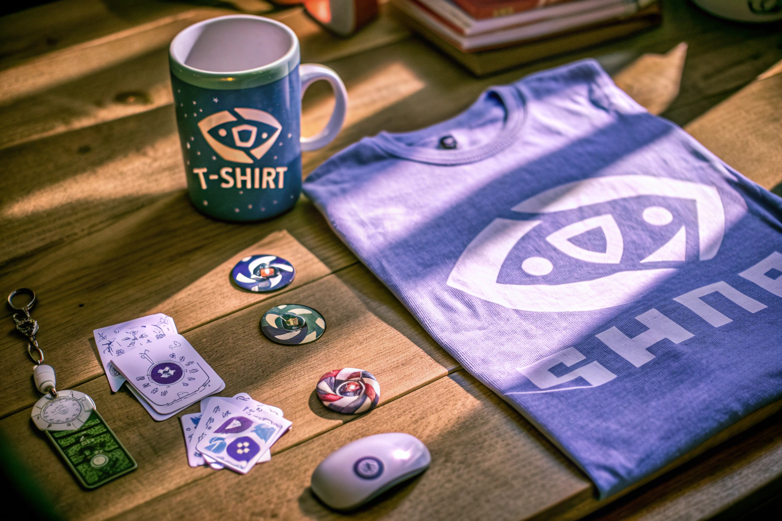 Verschiedene Merchandise-Artikel wie T-Shirts und Tassen mit Gaming-Logos. Gaming Merchandise