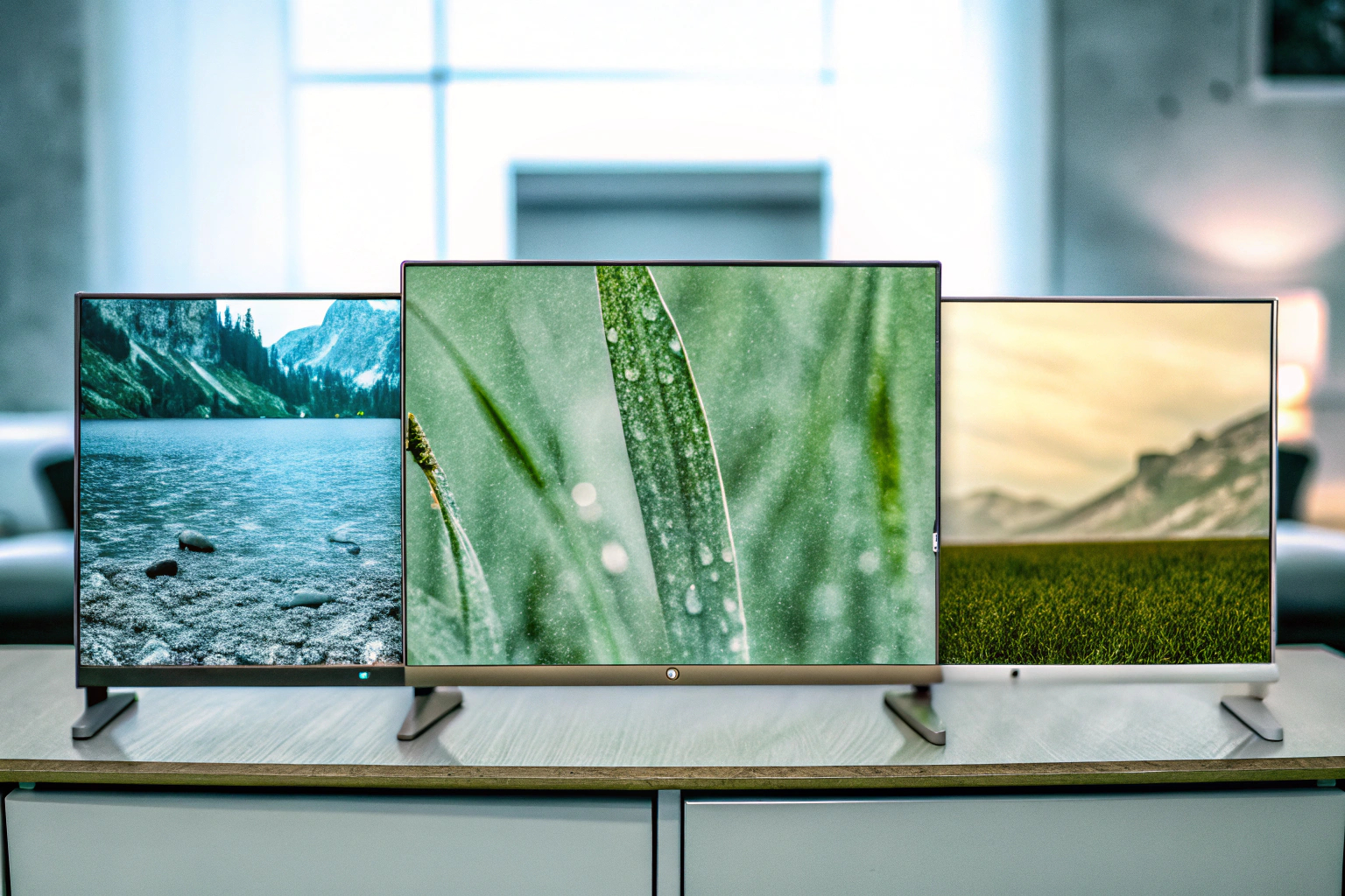 Verschiedene Paneltypen eines Monitors nebeneinander, um die Unterschiede zu zeigen. Monitor-Paneltypen
