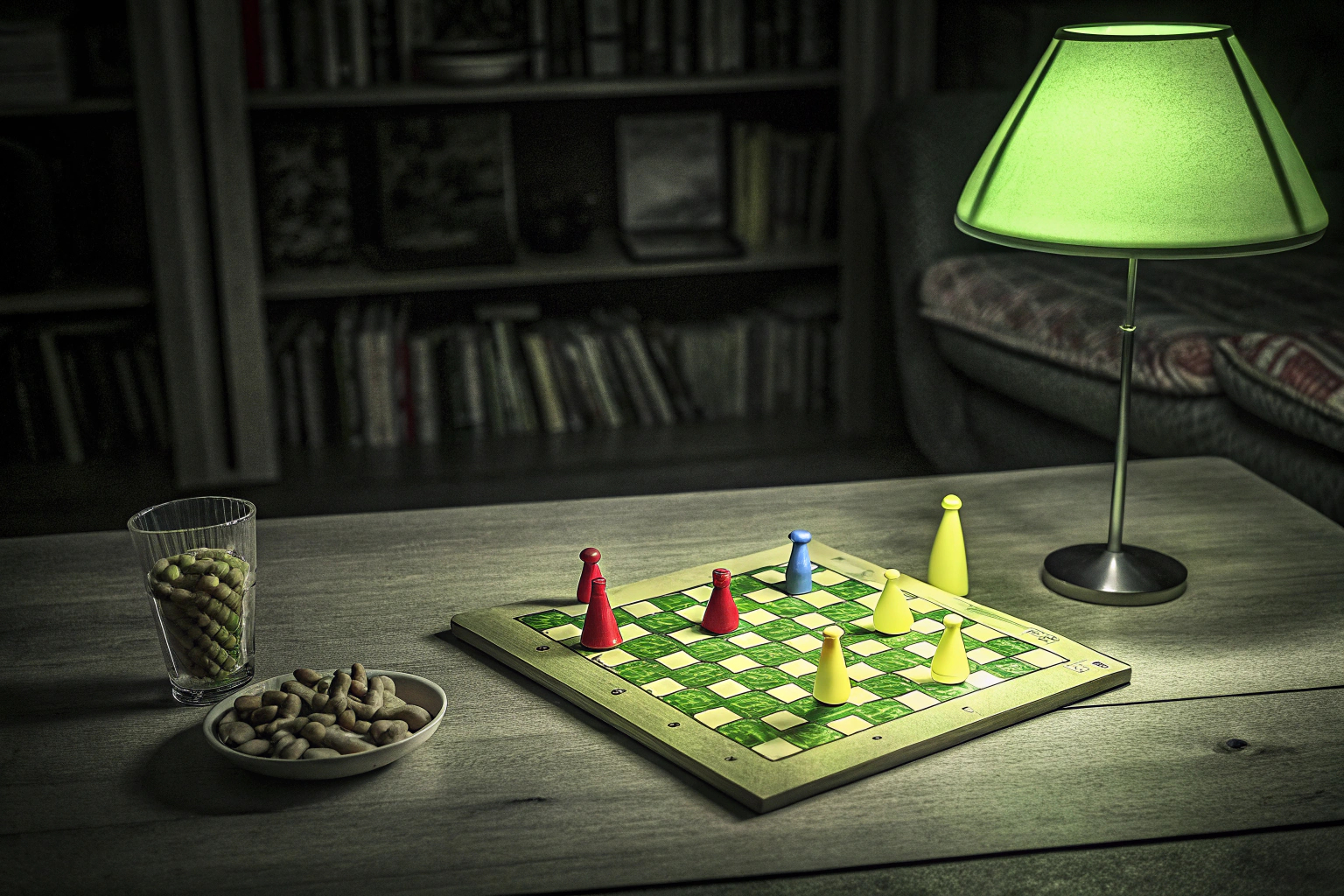 Vier Freunde, die ein Ludo-Brettspiel spielen. Ludo-Brettspiel mit Freunden