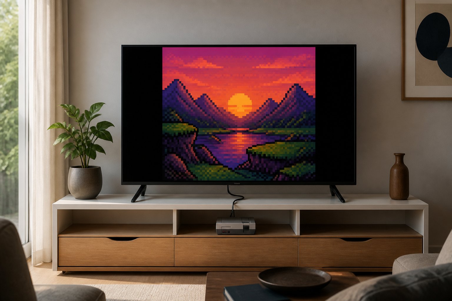 Retro-Gaming-Konsole am modernen Fernseher mit 4 zu 3 Bildformat