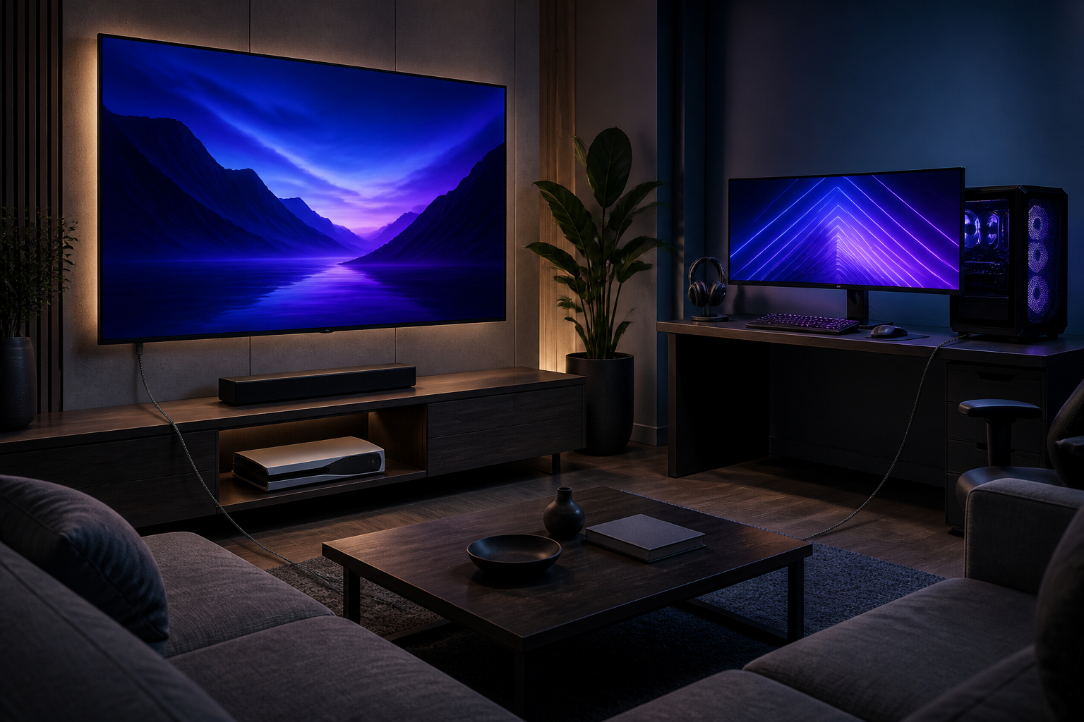 Vergleich von HDMI 2.1 im Wohnzimmer und DisplayPort 2.1 am Gaming PC