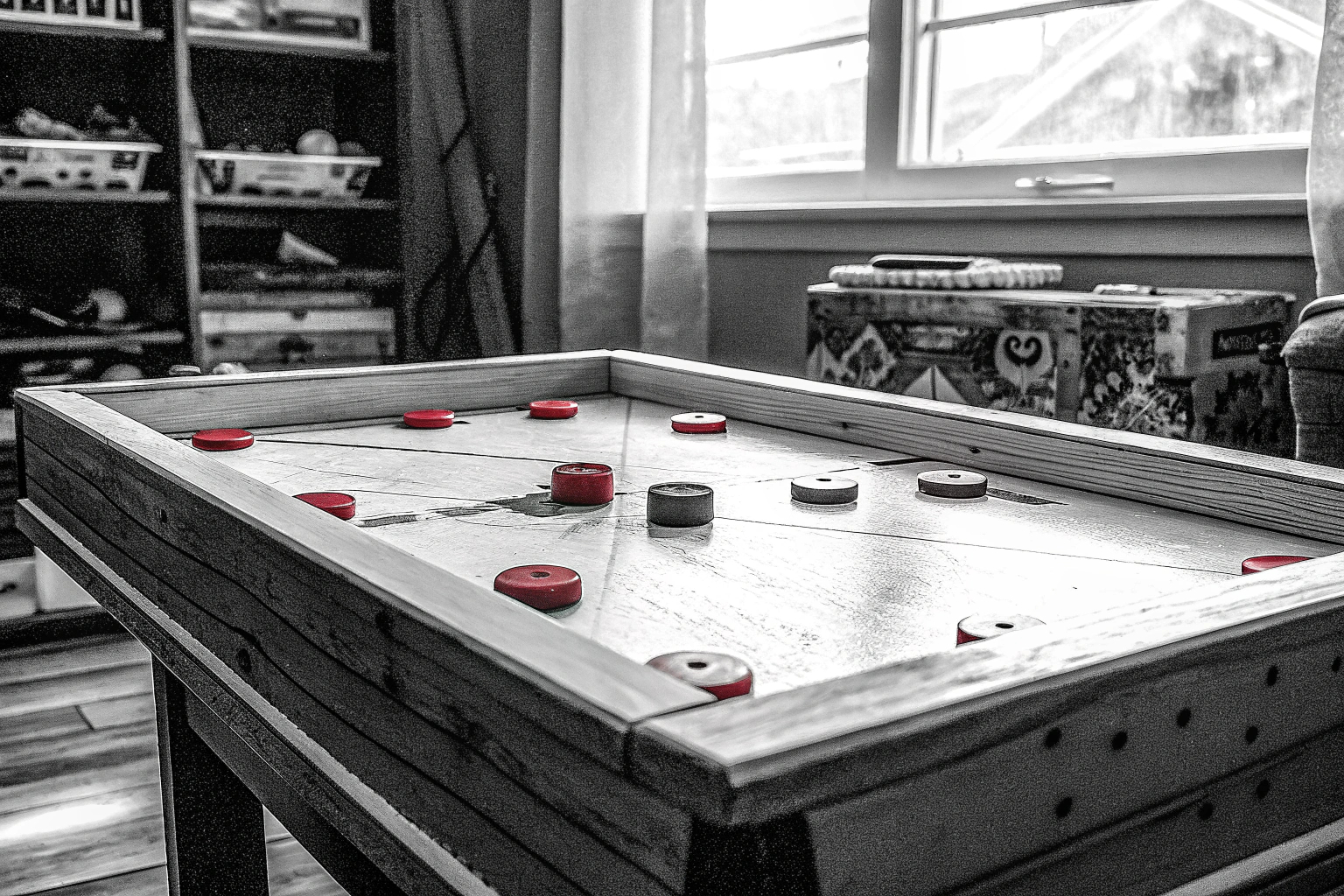 Zwei Kinder, die das Sling Puck Spiel spielen und dabei viel Spaß haben. Sling Puck Spiel in Aktion