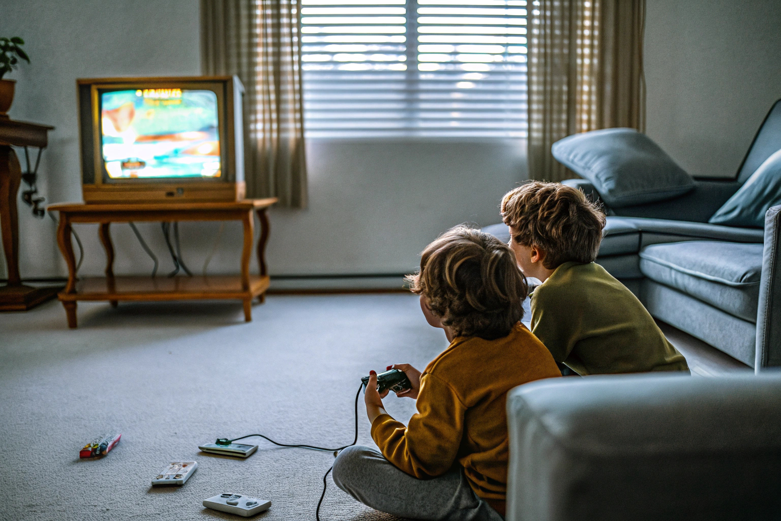 Zwei Kinder spielen mit einer Retro-Konsole auf einem alten Röhrenfernseher, während die Eltern nostalgisch zuschauen. Kinder spielen Retro-Konsole