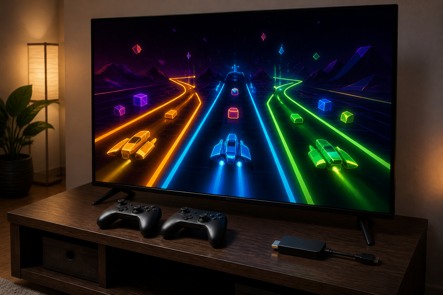 Zwei Spieler mit kabellosen Controllern vor einem Fernseher beim Retro-Gaming