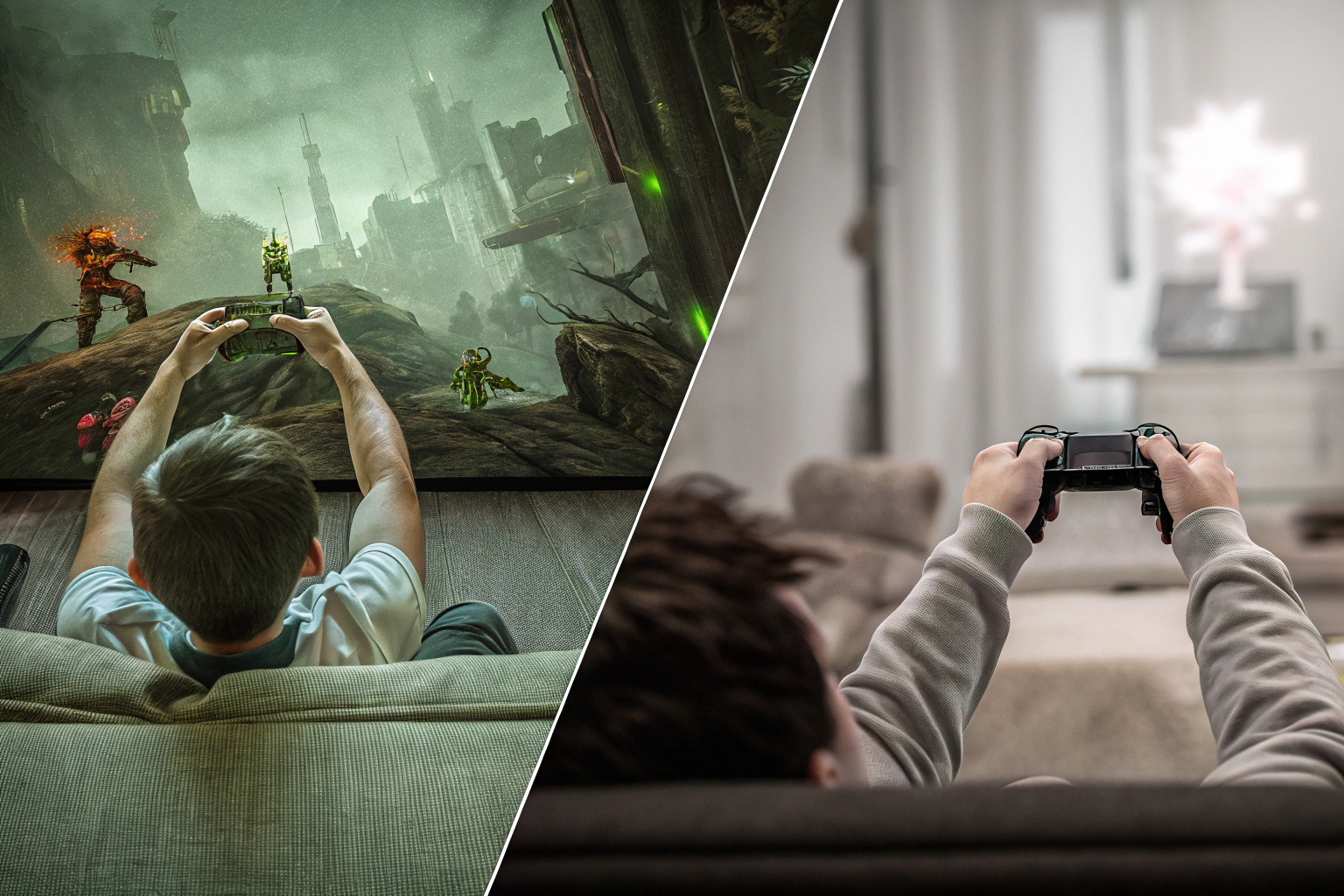 Zwei Spieler, die ein Koop-Videospiel spielen, mit aufgeteiltem Bildschirm. Koop-Videospiel